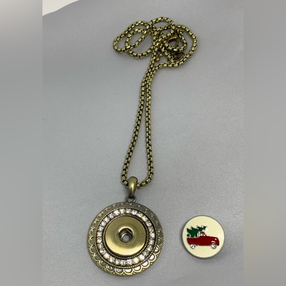 Bling & Bronze Snap Button Necklace with Christmas Tree Farm Truck Charm - Picture 3 of 4